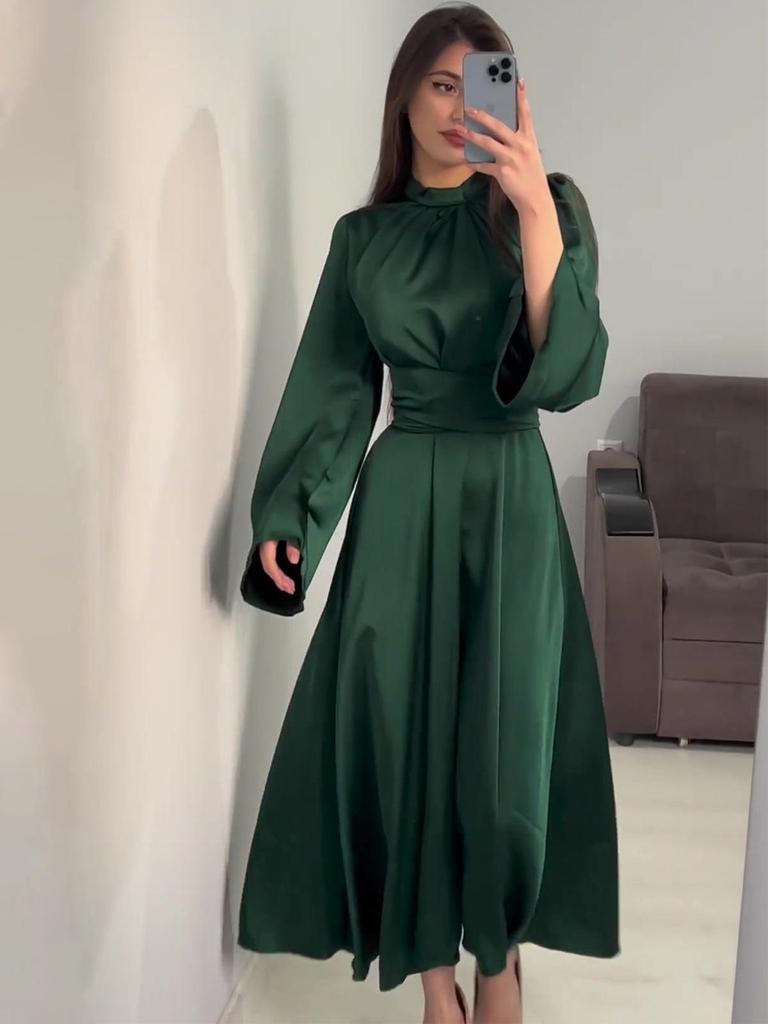 Europäisches & Amerikanisches Einfarbiges Schlankmachendes Binde-Langarm-Maxikleid (Frühjahr 2025 Kollektion)