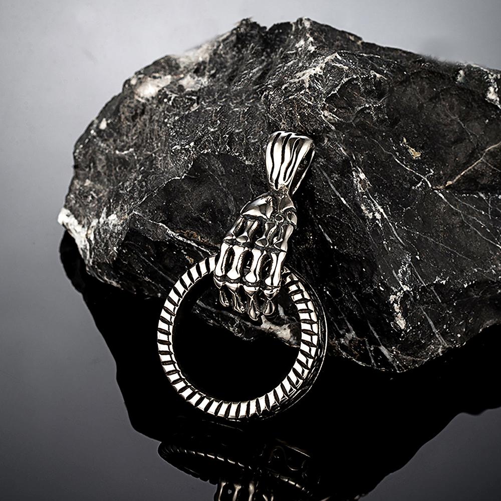 Punk Skeleton Claw Norse Ring Necklace for Men Movable Viking Runes Pendant Stainless Steel Jewelry 60CM