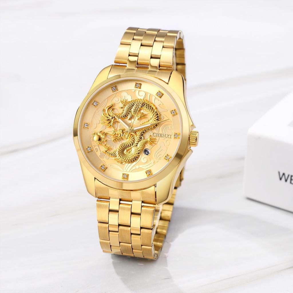 Men's Stainless Steel Dragon Watch In Gold: Luminous Analogue Watch with Calendar, Dragon Design, Antique Quartz Movement, 3ATM Water Resistance,