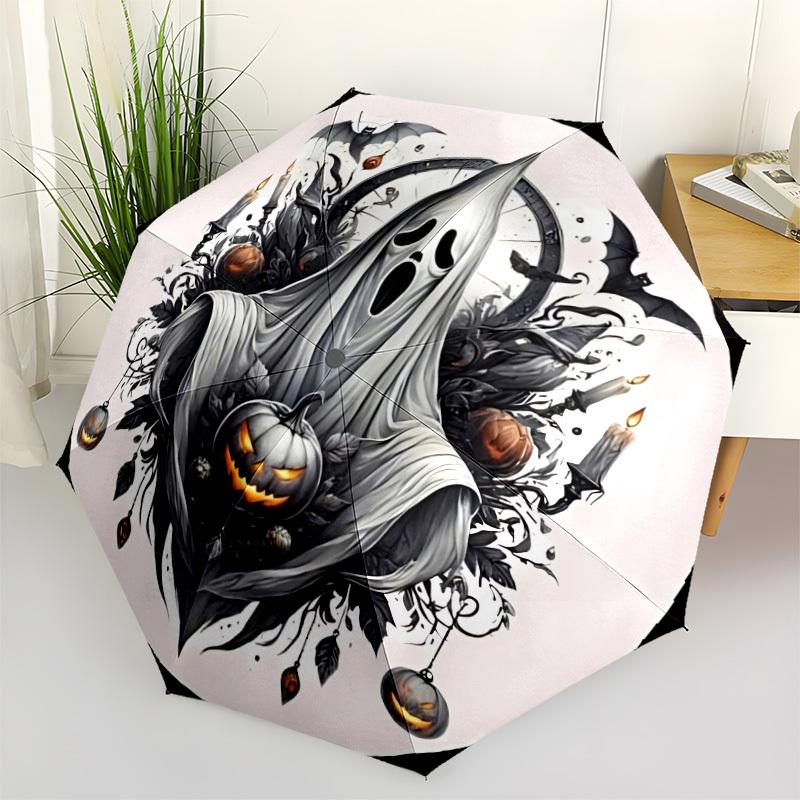 

1pc Halloween Ghost Automatic Umbrella - Stylish, Durable, with 8-Rib Manual Open Design, Elegant Black Handleyy250920168