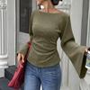 Women Ribbed Pullover Long Sleeve Casual Top Boat Neck Flared Sleeve Stretch Knit Shirt Slim Fit