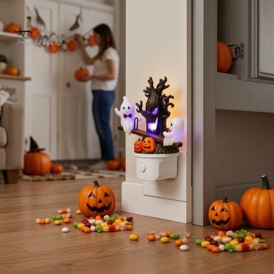 Soft Glow Night Light Halloween Light, Plug-in Resin Seesaw Ghost And Dead Tree Indoor Lighting Lamp, Waterproof Spooky Decor for Bedroom, Party