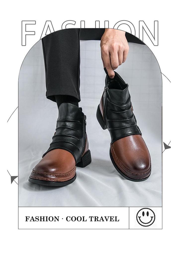 Men's Autumn Color Block Leather Ankle Boots - Plus Size, Thick Sole, British Style, Zipper High Tops, Formal & Casual.
