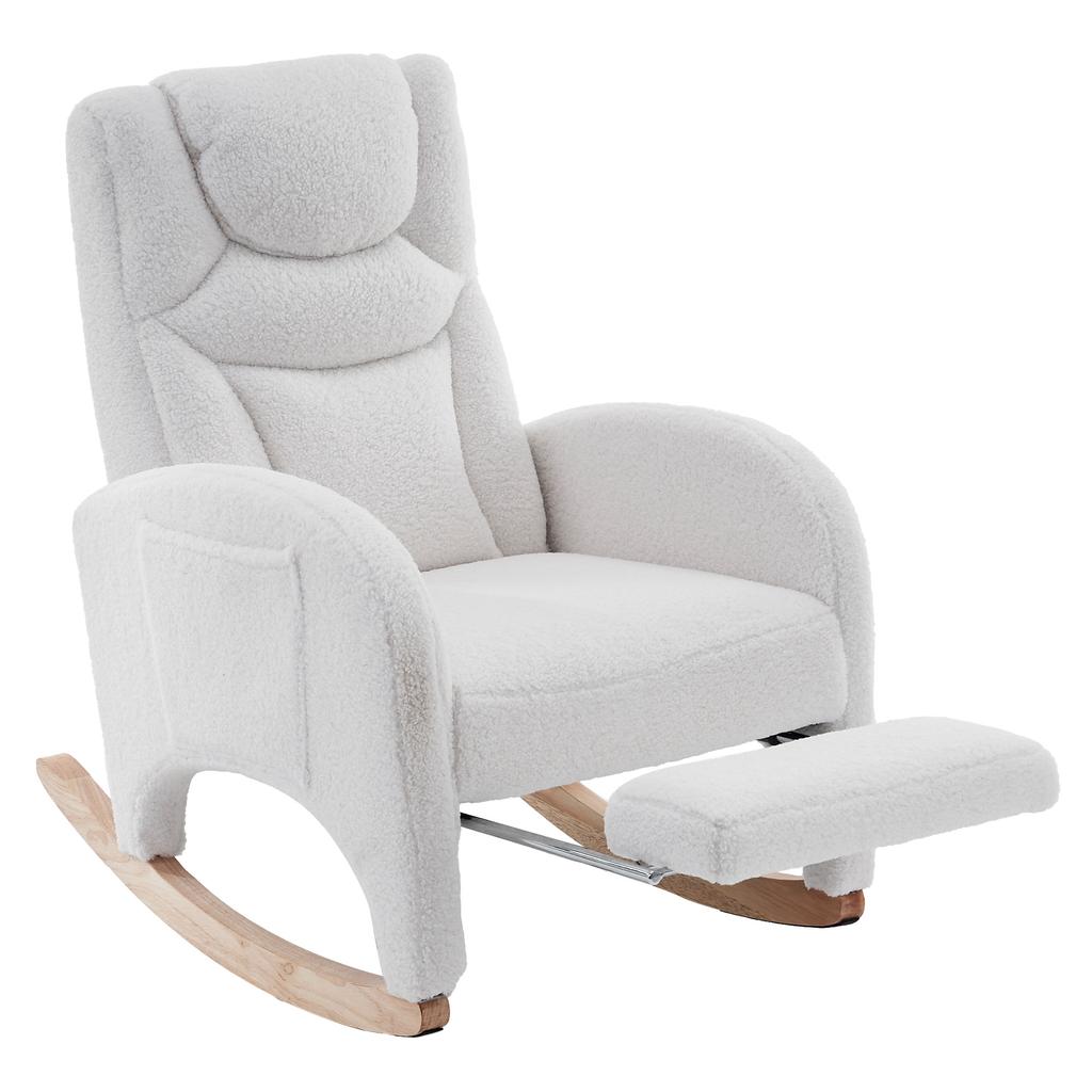 052 Rocking Chair, Recliner, Living Room Chair with Armrest, Upholstered, Accent Chair for Bedroom, White Teddy Fabric, 110 Kg Load Capacity