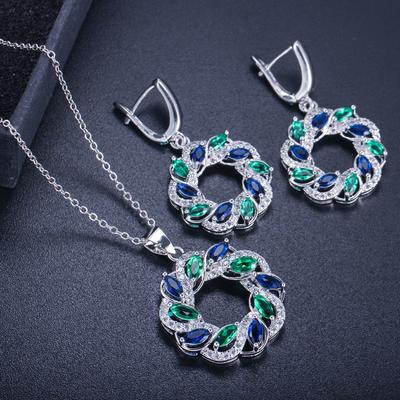 Ronde Zirkonia Ketting Set, Oorbel Hanger Tweedelige Set, Kleurbehoud, Meerkleurig Optioneel