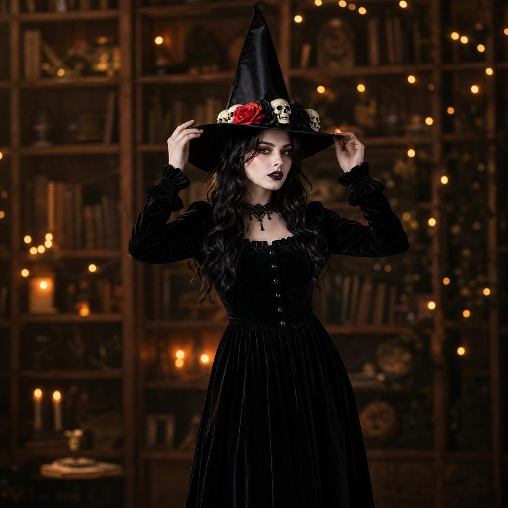 Black Satin Witch Hat for Halloween Costume Accessory