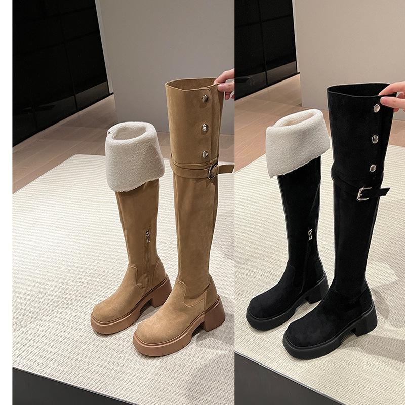 thick-soled 7CM-Yangjing velvet thickened and velvet medium and high tube long cotton boots for women's new winter heightened thick-soled thin boots