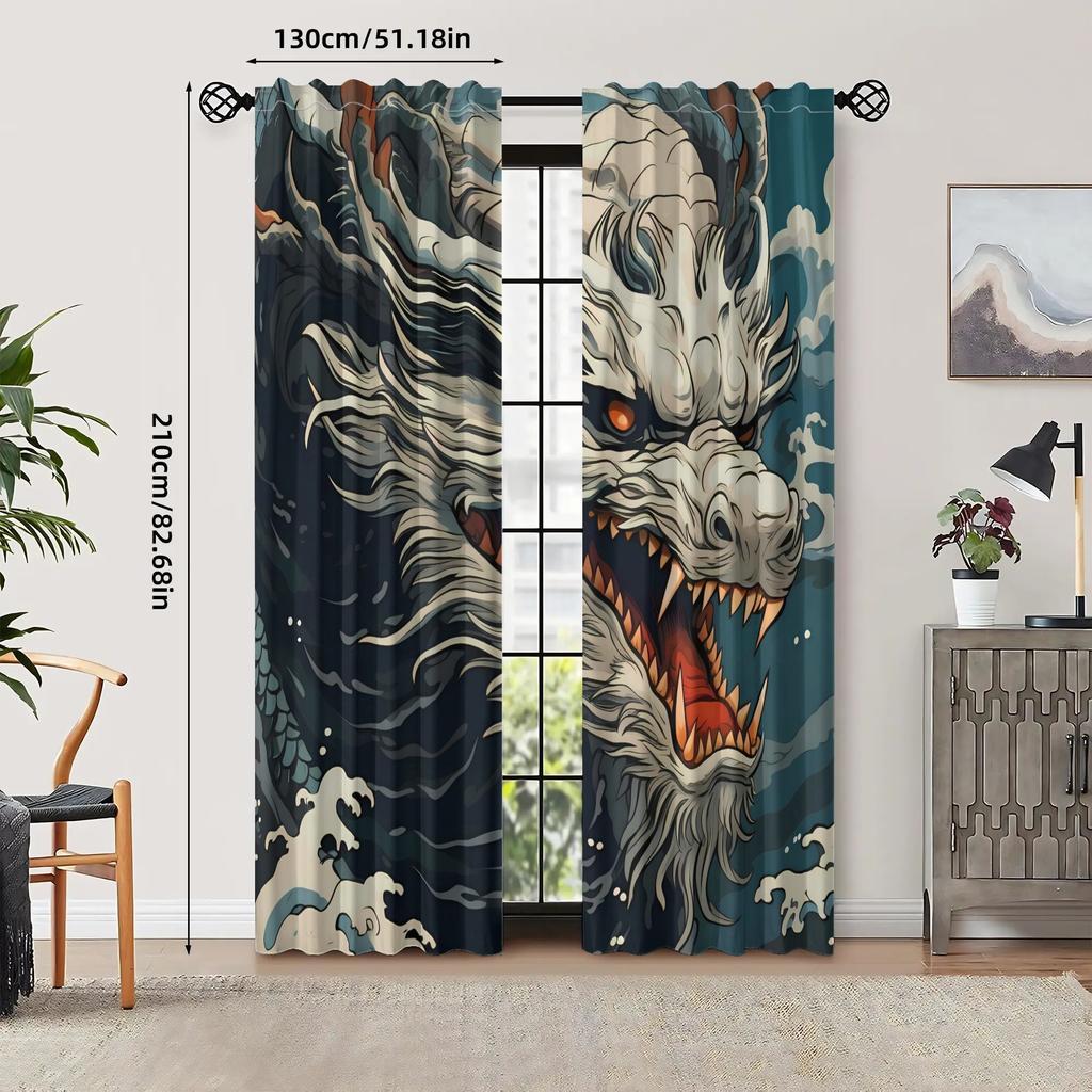 2pcs Dragon Design Blackout Curtains for Living Room  Polyester Retro Style with Grommet Top   Machine Washable   Vibrant
