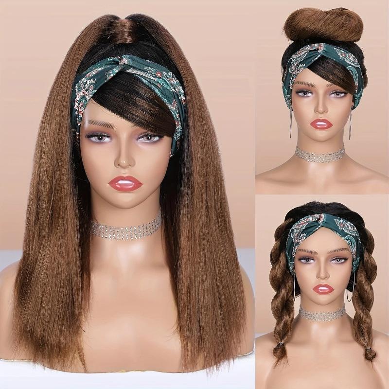 [Wig] -32 Inch Headband Headscarf Wig Women Yaki Ice Silk Headband Long Straight Headgear