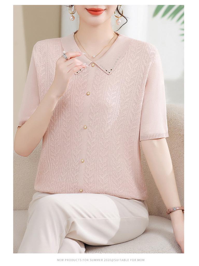 Summer 2025 Ice Silk Knit Doll Collar Cardigan - Women's Short Sleeve Top for Middle-Aged & Elderly