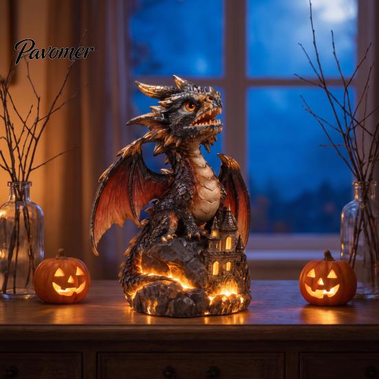 Creative Shelf Decor Light Up Dragon Figurine, Resin Gothic Castle Statue, Decorative Home Fantasy Creature Ornament for Home, Office Table, Desk