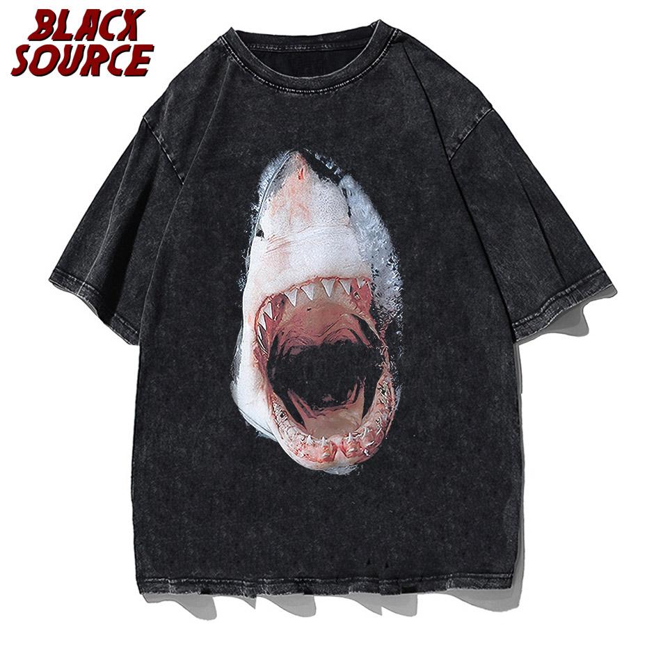 Vintage T-Shirt Men Summer Shark Graphic Print T Shirt Cotton Oversized Men Washed Retro T-Shirts Hip Hop Streetwear Tops S разноцветный