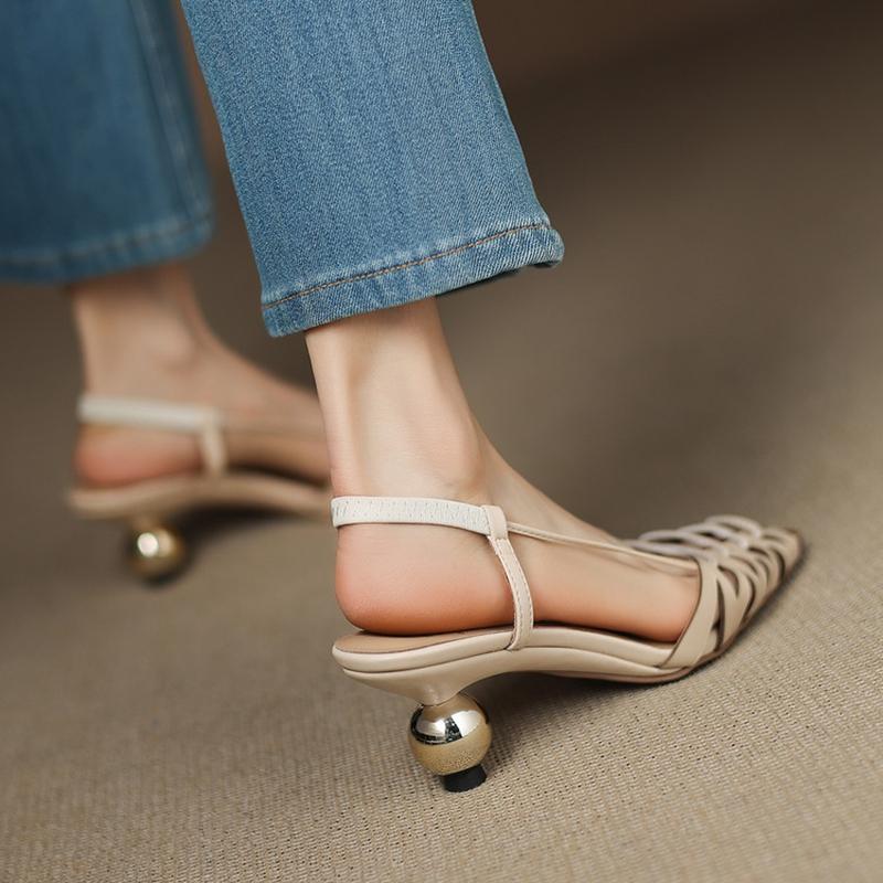 Fashion NEW Summer Women Sandals Cover Toe Strange Heel Shoes Genuine Leather Shoes Women Hollow Weave Ankle Strap Shoes Modern Sandals
