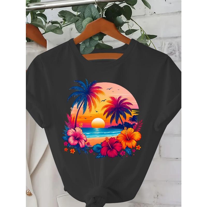 European Size Women'S Hawaiian Tropical Print T-Shirt - Slim Fit Short Sleeve Round Neck, Vibrant Hibiscus, Palm Tree, and Surf Sunset Design