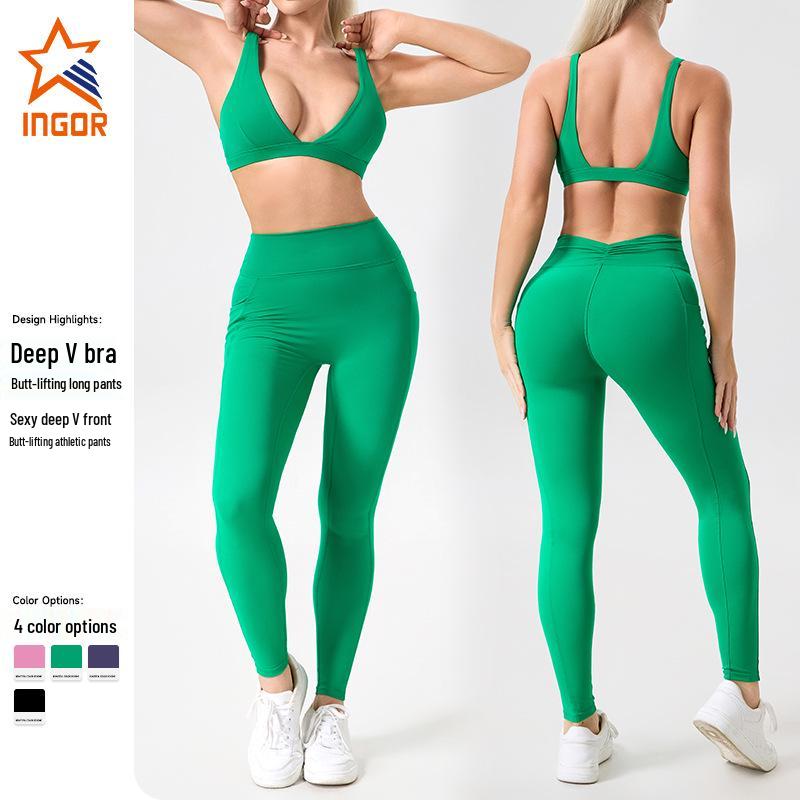 

European-American Deep V Sports Yoga Top & High Waist Tummy Control Leggings Set M