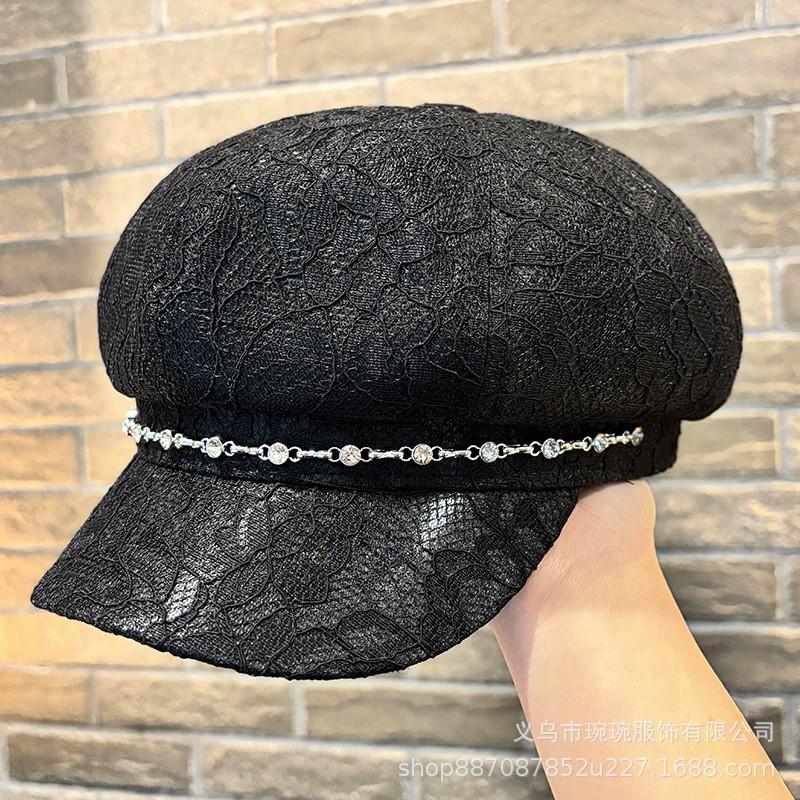 Lace Mesh Sun Hat Women With Rhinestone Chain Trim Octagonal Beret Breathable UV Protection Cap