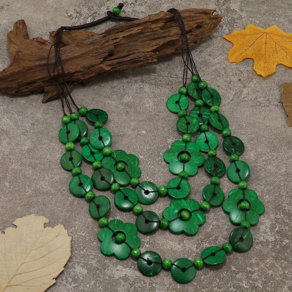 Wood Tassel Colorful Petal Bead Necklace Multi Layer Choker Flower Necklace Women