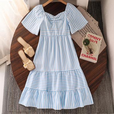 Girls' Fashionable Dress 2025 Summer Children's Elegant Striped Short-sleeved Large-hem Dress