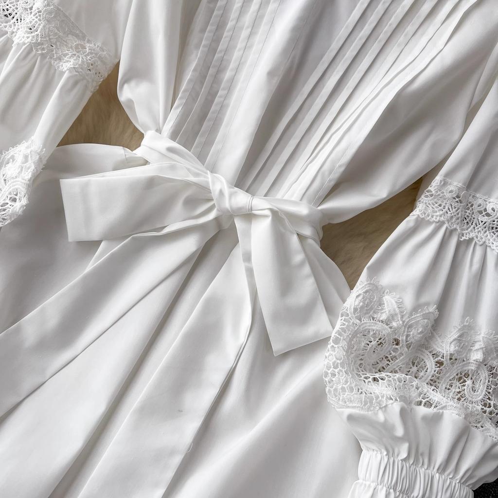 Frühling Herbst Aushöhlen Spitze Patchwork Lose Urlaub Am Meer Kleid frauen V-ausschnitt Lange Flare Hülse Gürtel Einfarbig party Kleider