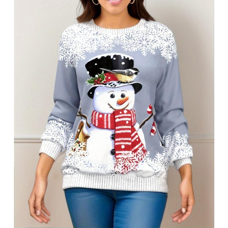 Casual Christmas Party Shirt with Snowman and Penguins Print, Long Sleeve Thin O-Neck