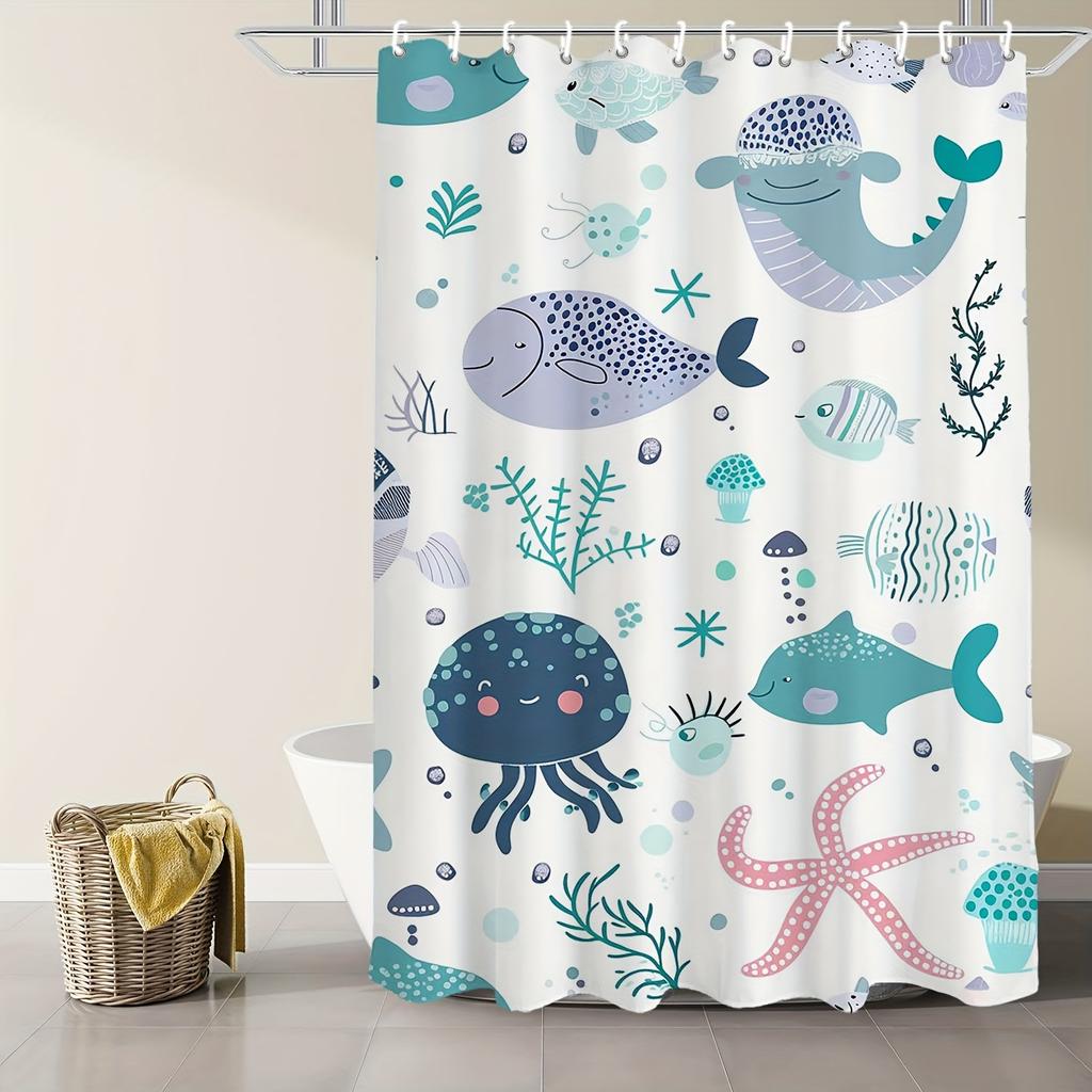 Cartoon Ocean Shower Curtain, Starfish Jellyfish Whale Fish Seaweed Bathroom Partition Curtain, Bathroom Bathtub Shower Curtain