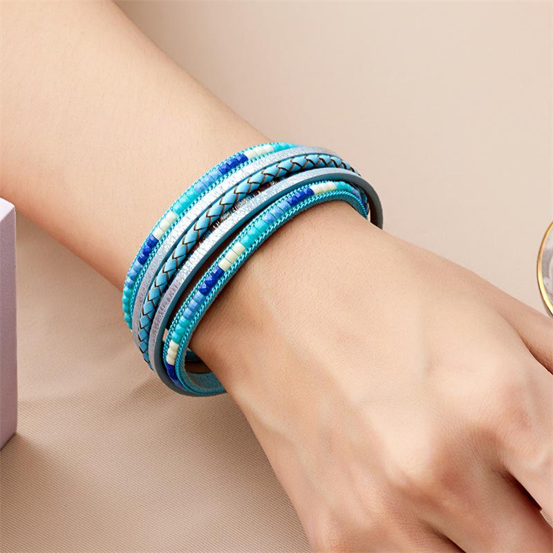 Bohemian Leather Bracelet Geometric Beads Chain Multilayer Wrap Bangle Women Jewelry Accessories