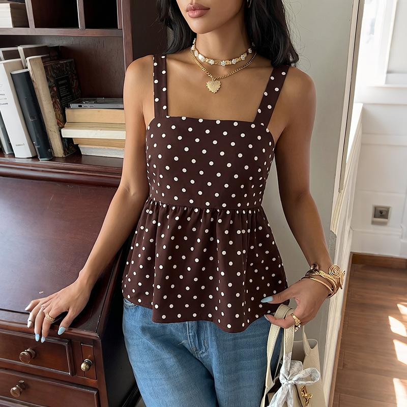 Women Brown Polka Dot Backless Lace Up A Line Sleeveless Cami Tank Top For Summer S