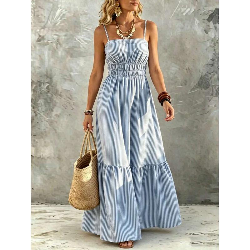 Fashion high sense A pendulum suspender striped casual pleated sleeveless backless long dress women S