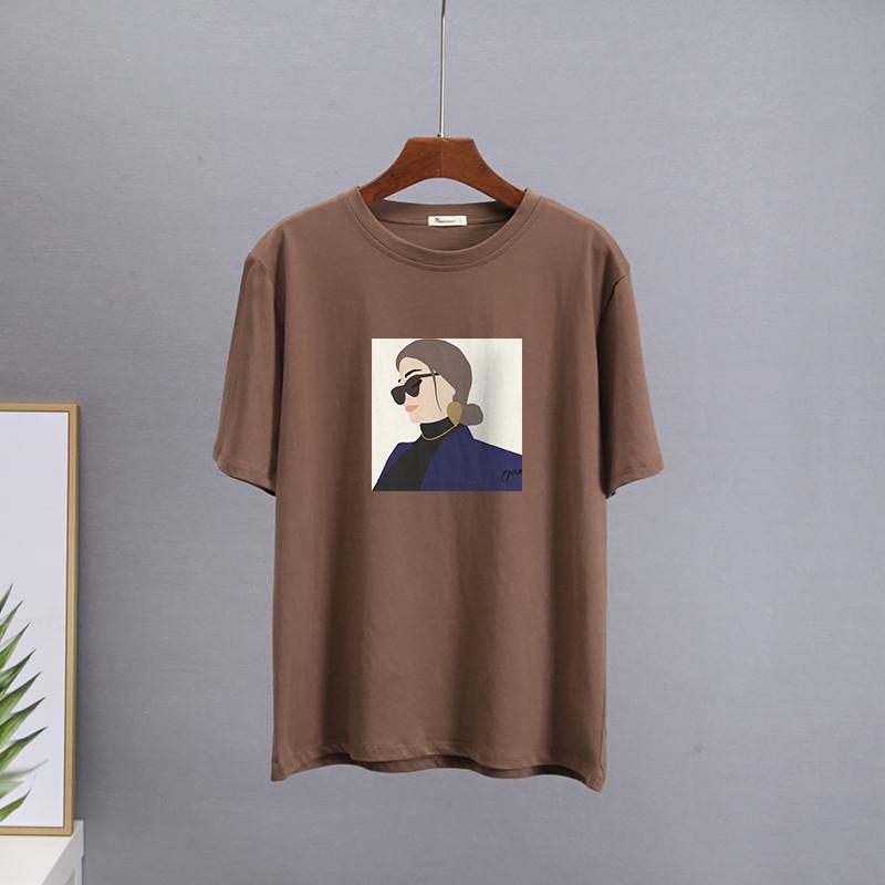 Hirsionsan Elegant Character Printed T Shirt Women Summer Chic Casual Tees Cotton Jumper Clothes Oversized Pullover Female Tops
