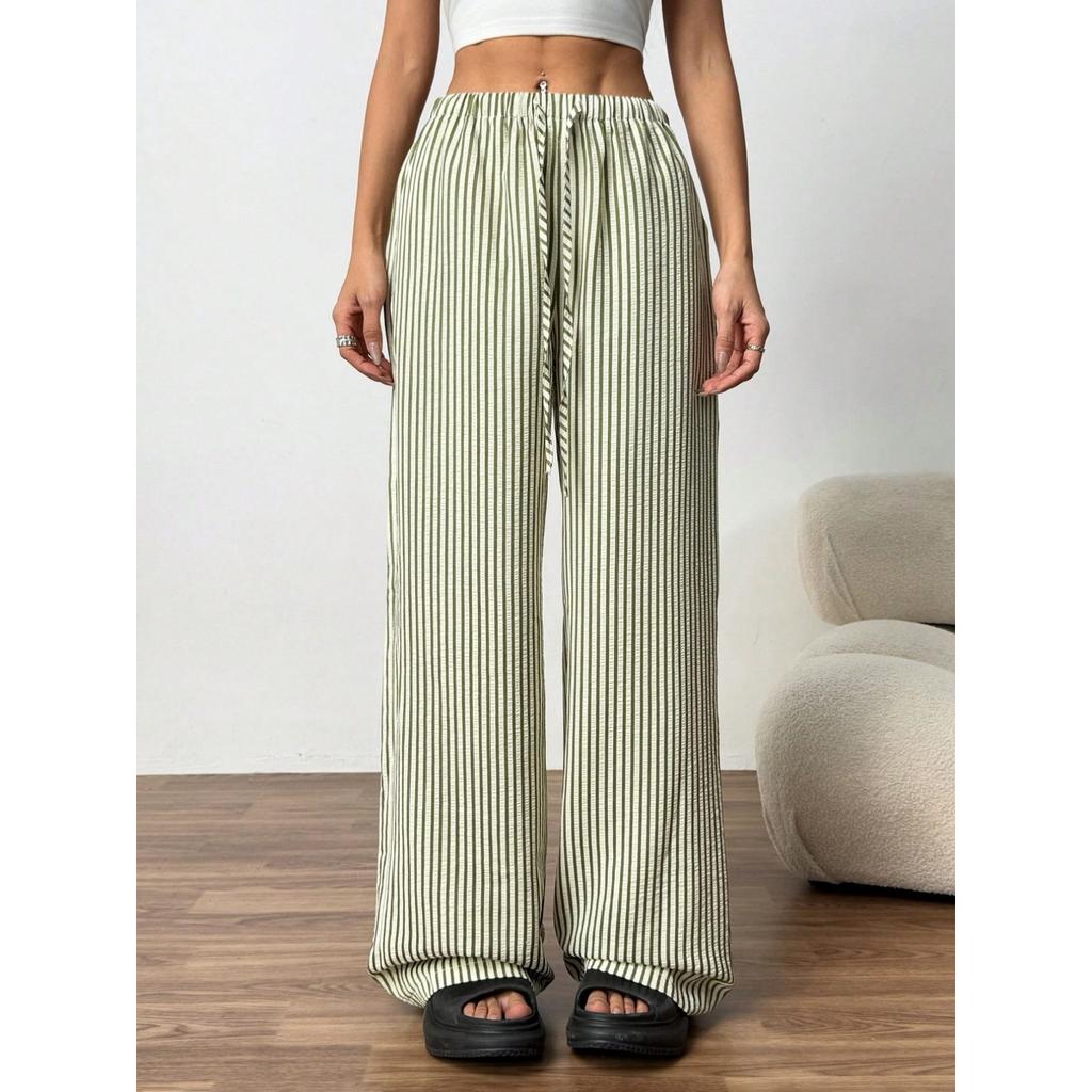 Women's Drawstring Waist Striped Wide Leg Pants Casual Loose Straight Leg Trousers