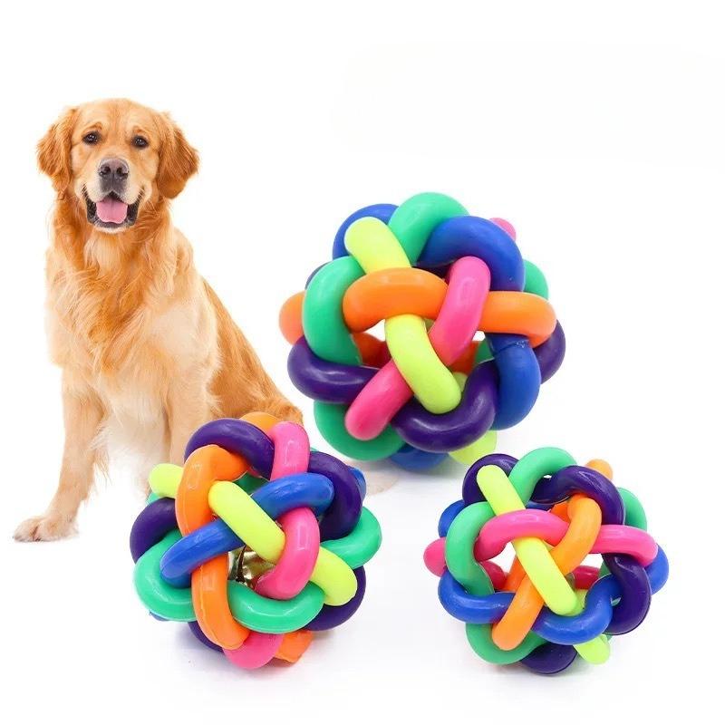 10/12PCS Colorful Bell Woven Ball Dog Toy Hard Rubber Chew Ball with Rainbow Design Interactive Pet Product for Dogs Puppy