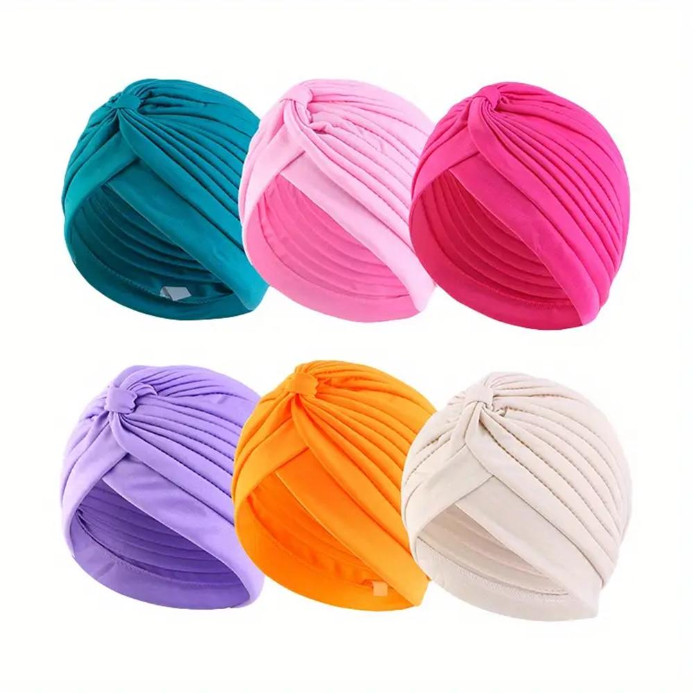 6pcs Soft & Cozy Womens Pleated Turban Caps - Elastic, Comfortable, Unscented Headwraps for Chemo, Solid Colors, Variety Pack Fo
