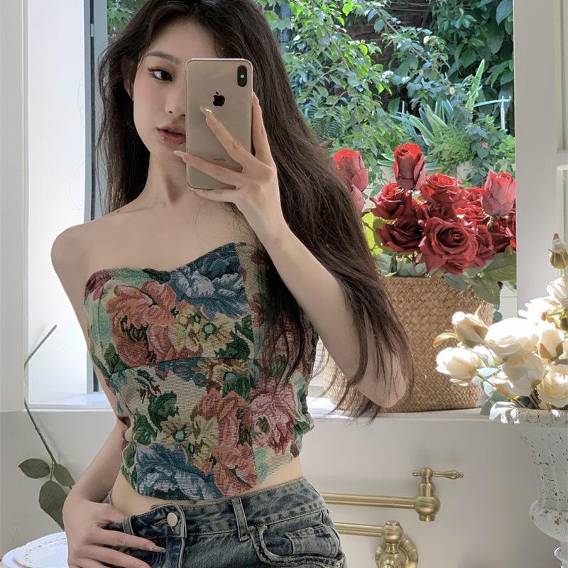 Spicy Girl Retro Floral Bandeau: Women s Sexy Open-Back Summer Top Small синий