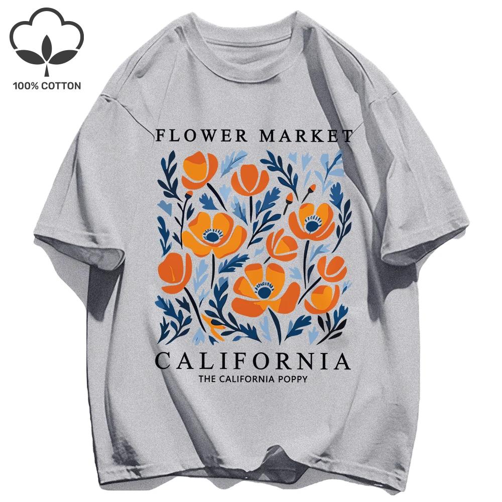 Yellow Flowers Market California Print T-Shirt Woman Soft Cotton Tee Top O-Neck Casual T Shirt Crewneck Sports Short Sleeve