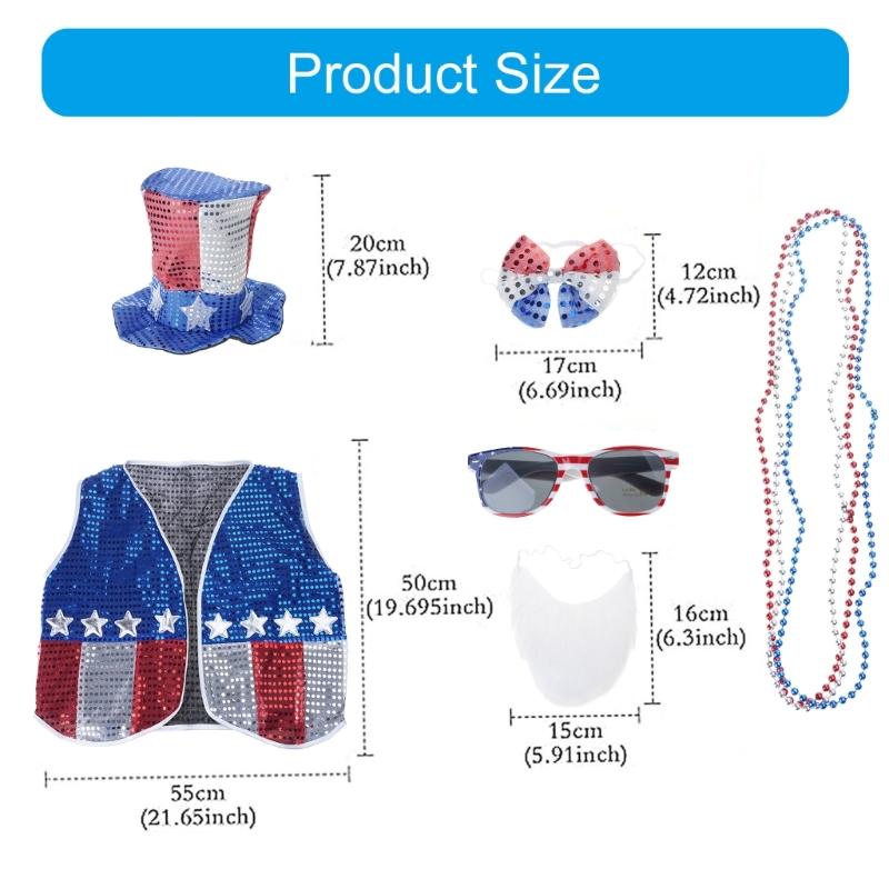 6Pieces 4th of July Patriotic Costume Set with Vest Hat Beard Sunglasses and Necklace for Holiday Celebration Gathering