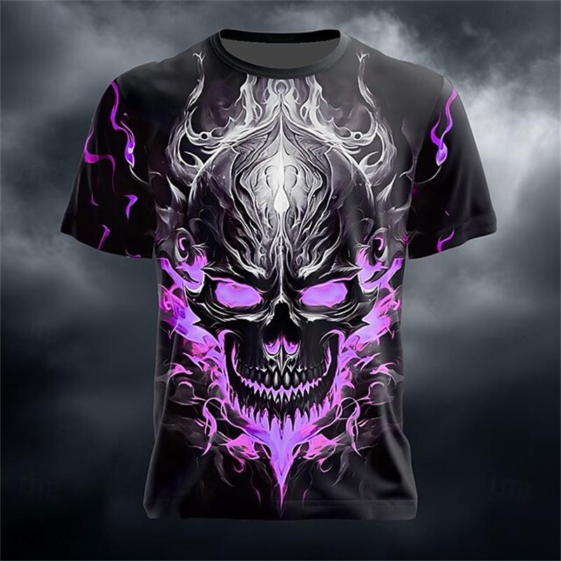 T-shirt da uomo con stampa teschio horror, estate, girocollo, manica corta, alla moda, vestibilità larga, abbigliamento streetwear vintage da uomo