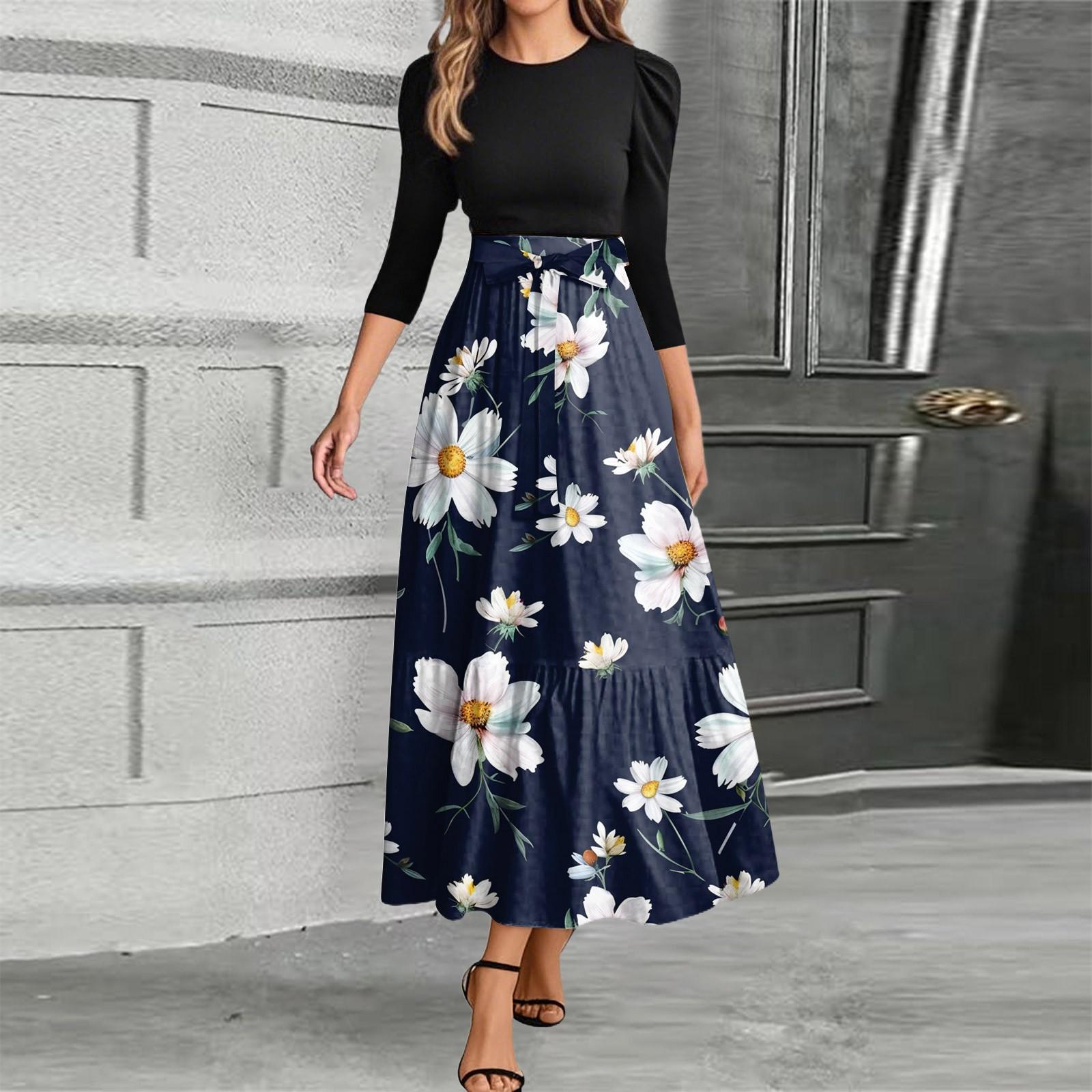 

Women s Fashion Casual Belt Round Neck Floral Stitching Elegant Temperament Three-quarter Sleeve Dress S
