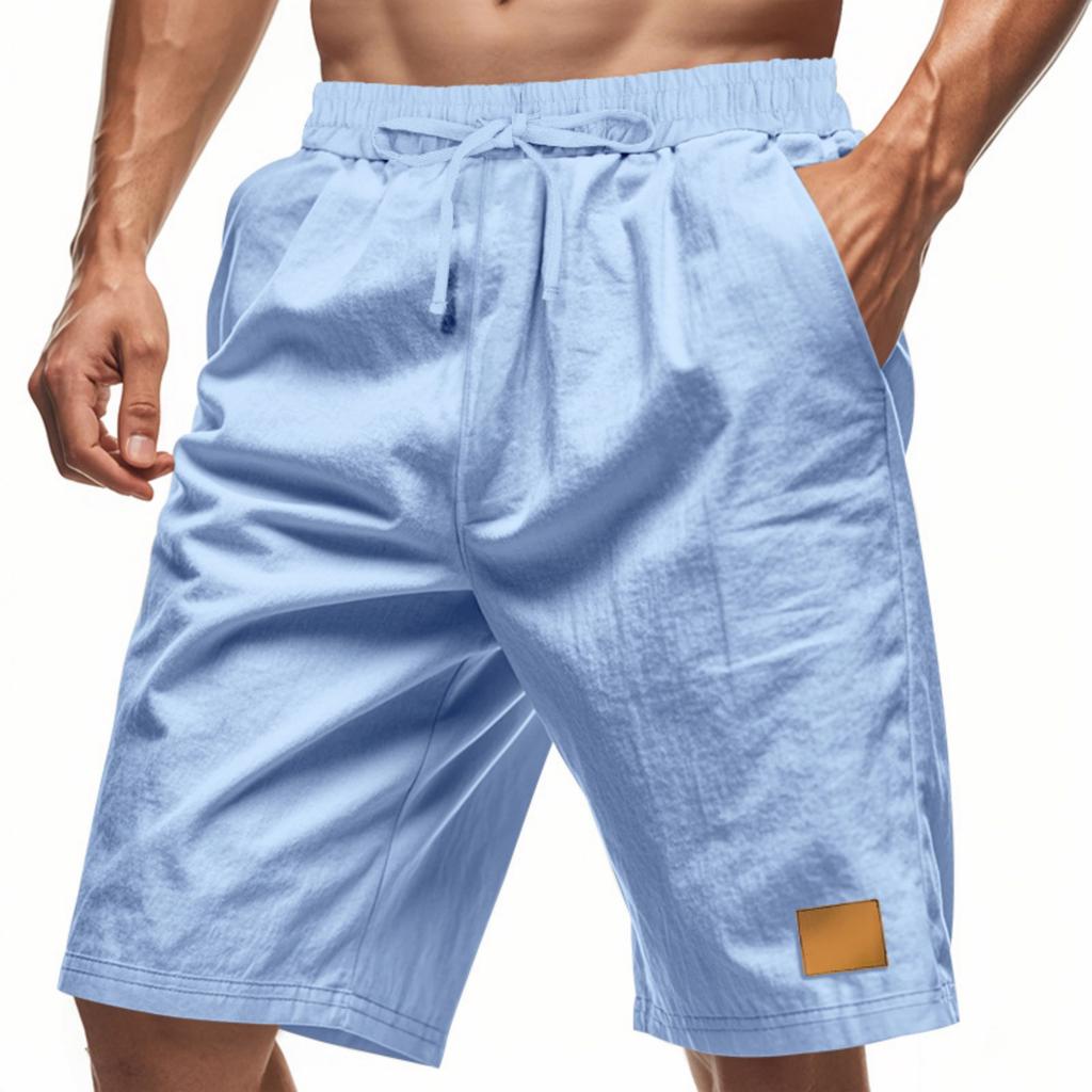 Men's Lightweight Linen Shorts Breathable Loose Fit Casual Beach Athletic Drawstring Waist with Patch Pocket