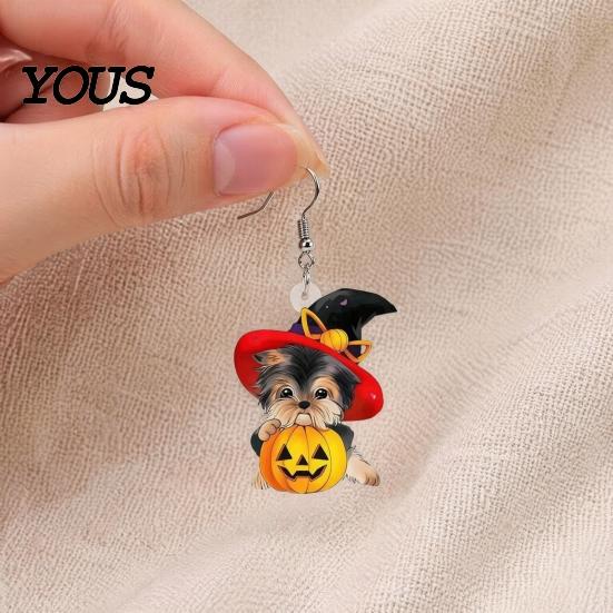 Distinctive Halloween Theme Jewelry Witch Hat Puppy Earrings, Cute Dog Pumpkin Drop Stylish Pet Lover Accessories Lightweight Acrylic Jewelry,