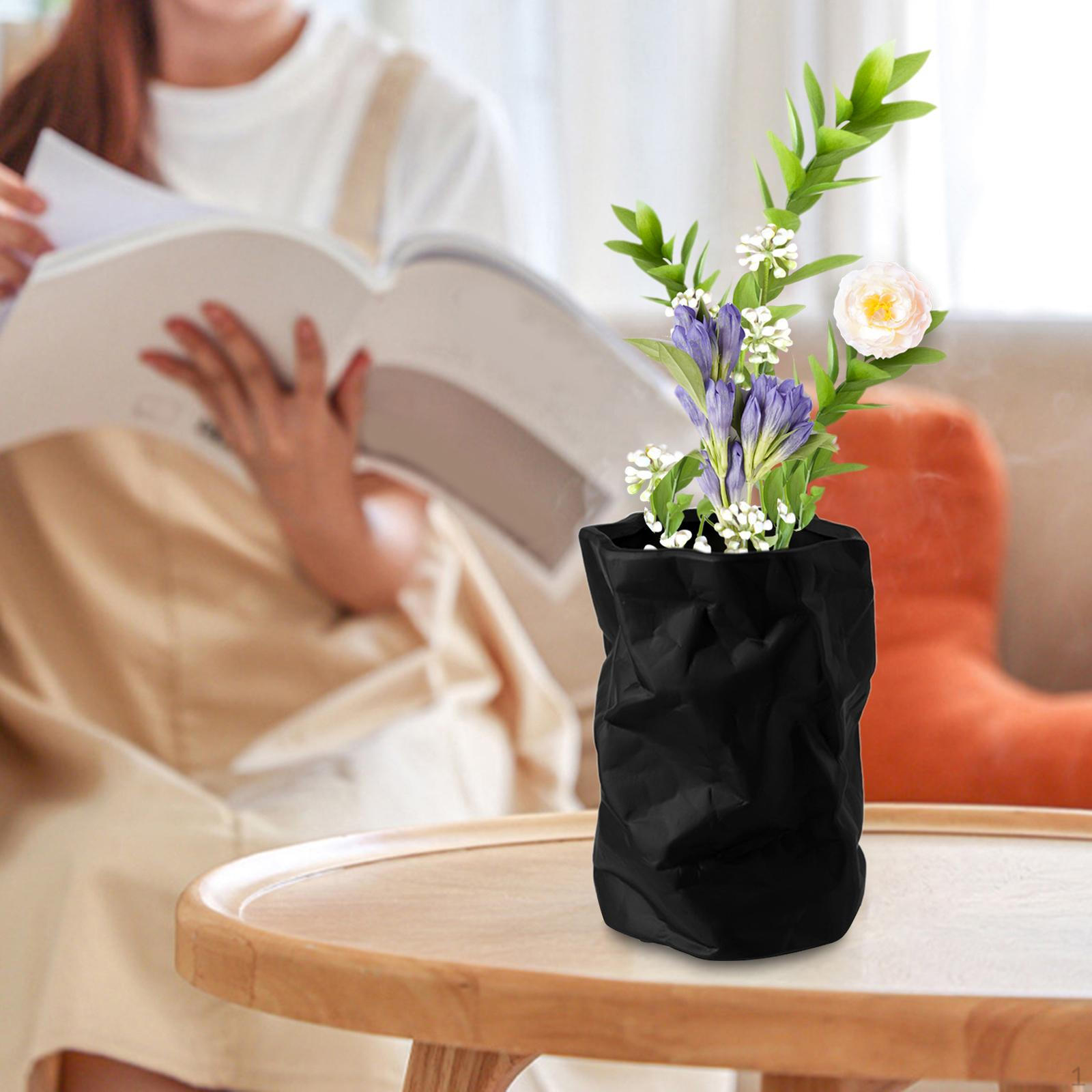 

Crumpled Ceramic Flower Vase Elegant for Home Party Decoration Ornaments Housewarming Gift Black 16cmx22.5cm