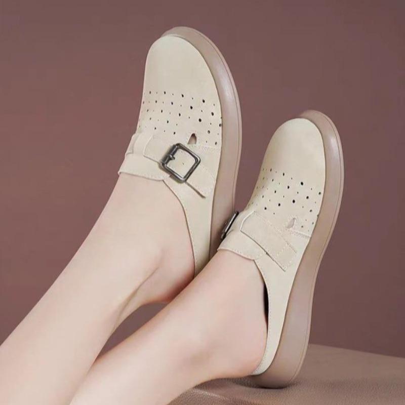 Fashion Spring New Baotou Slippers Women's Fashion Round Head Suede Metal Buckle Thick Soles Anti-slip Wear-resistant Flat Shoes