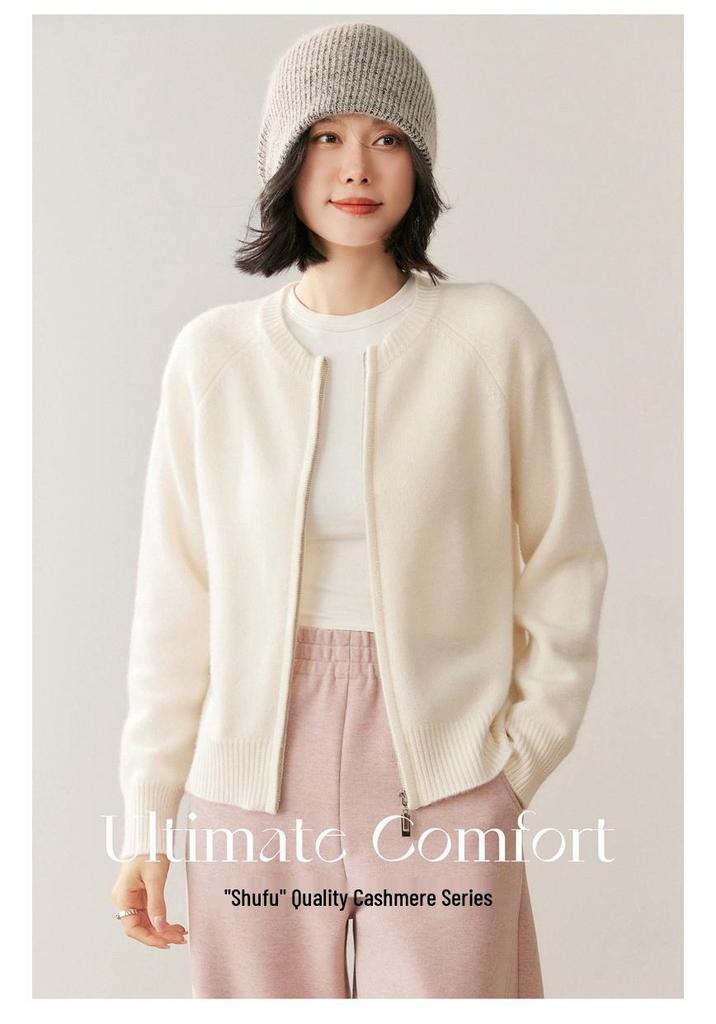 Women's Cashmere Round Neck Zipper Cardigan - Autumn/Winter Collection: Thick, Solid Color, Short, Loose Knit