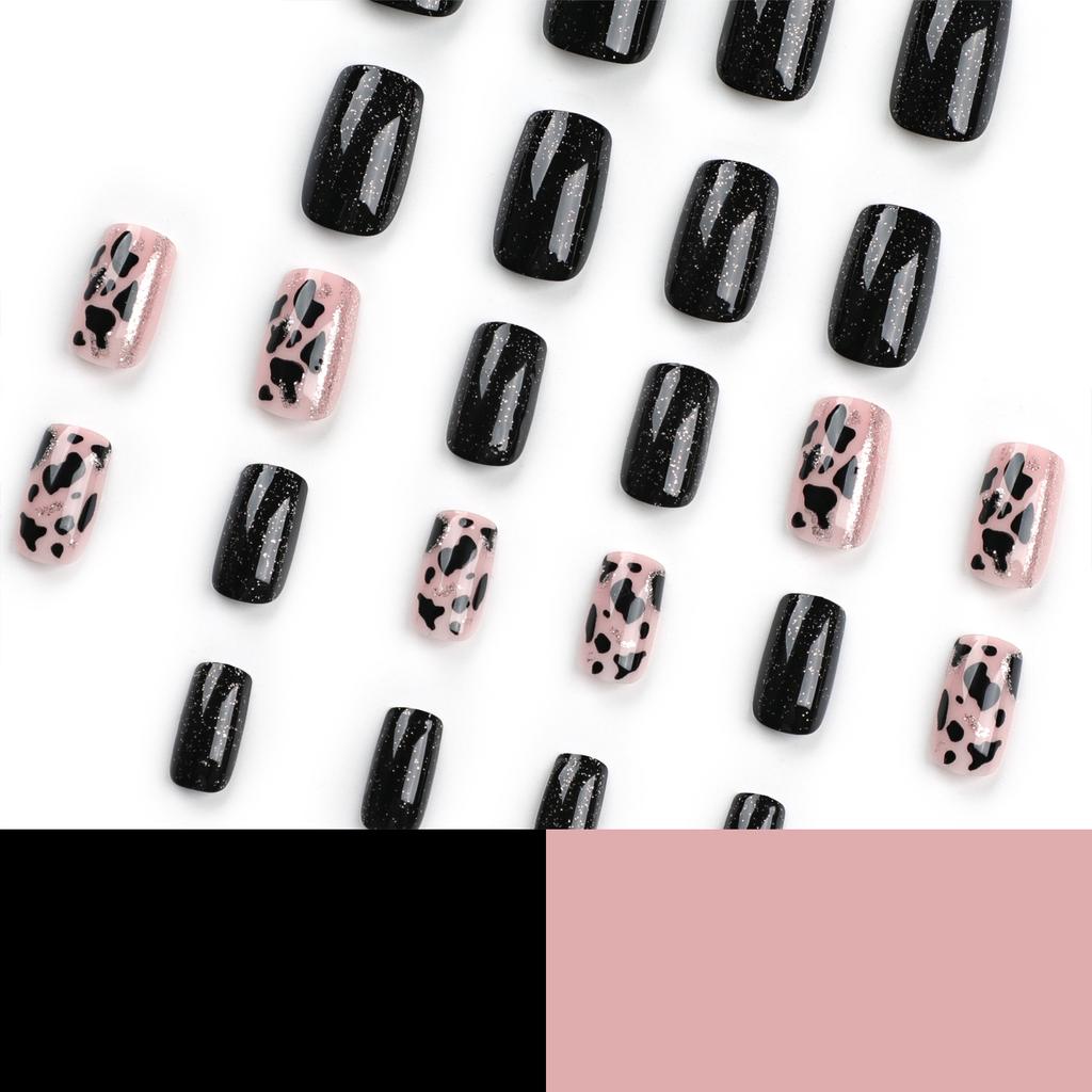New Gold Glitter Striped Nail Art Fake Nail Cow Pattern Nail Piece Black Solid Color Nail Patch