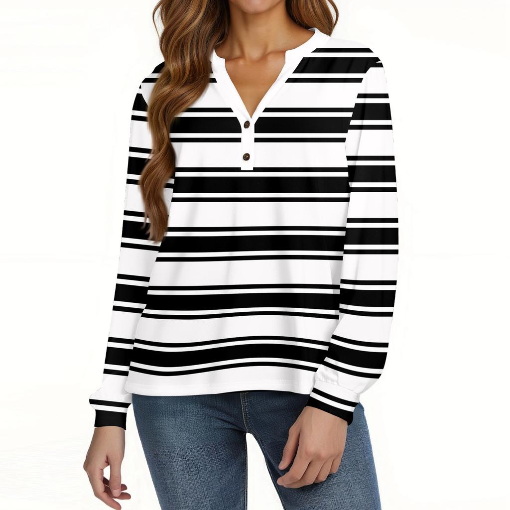 Dámské tričko s potiskem, knoflíky, dlouhý rukáv, denní, víkendová móda, základní, výstřih do V, běžný top