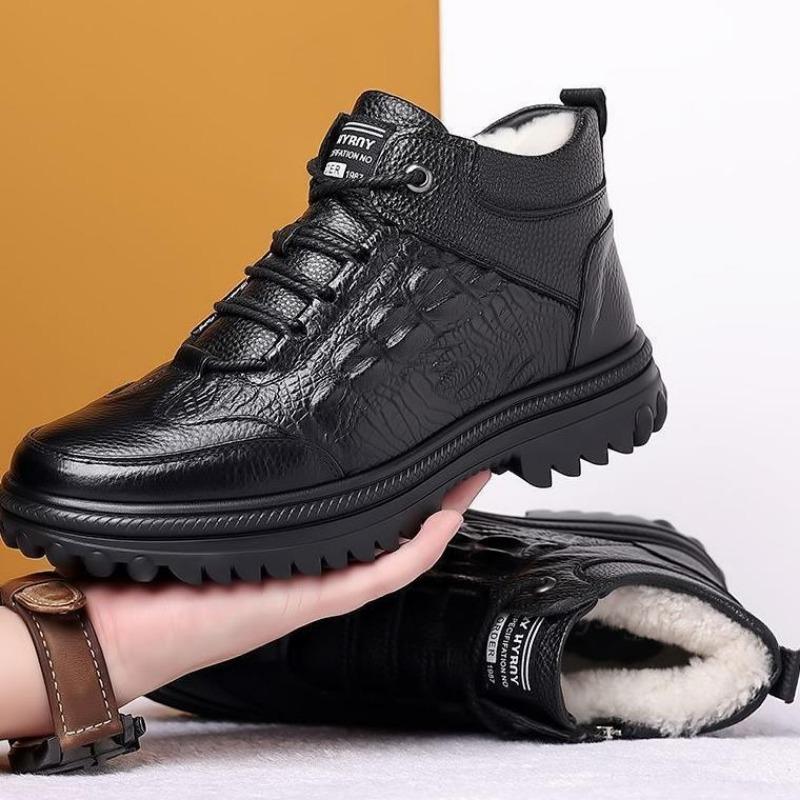 [First layer cowhide] Winter leather thickened wool warm cotton shoes men's high-top casual non-slip cotton boots
