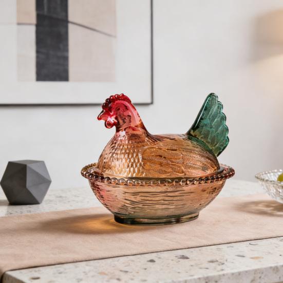 Szklana miseczka na cukierki w kształcie kurczaka z pokrywką, wzór zwierzęcy, naczynie na przekąski, desery, owoce, sałatki, dekoracja na stół do domu, kuchni