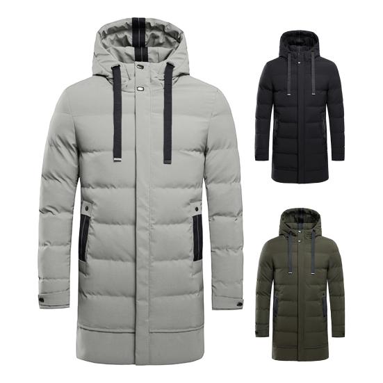 Autumn Winter Men Jacket Cotton Padded Hooded Long Sleeve Drawstring Mid-length Windbreaker for Daily Wear