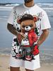 Men's New Summer Fashion Teddy Bear Print Soft and Breathable Round Neck T-shirt Shorts Set Outdoor Casual Wear