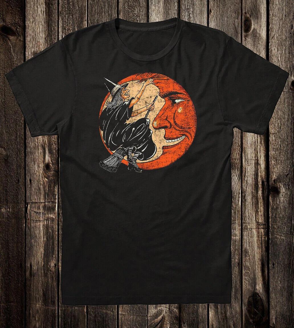 Retro Halloween Tee T Shirt Vtg Art Goth Witch Crescent Moon 40 s 50 s L
