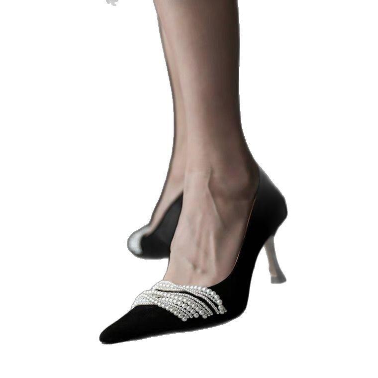 2025 New White Beaded Light Mouth Single Shoes Women's Pointed Head Thin Heel High Heels Main Wedding Shoes Bridesmaids